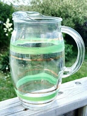 Vintage Clear Glass Pitcher with Green and Gold Accent Stripes